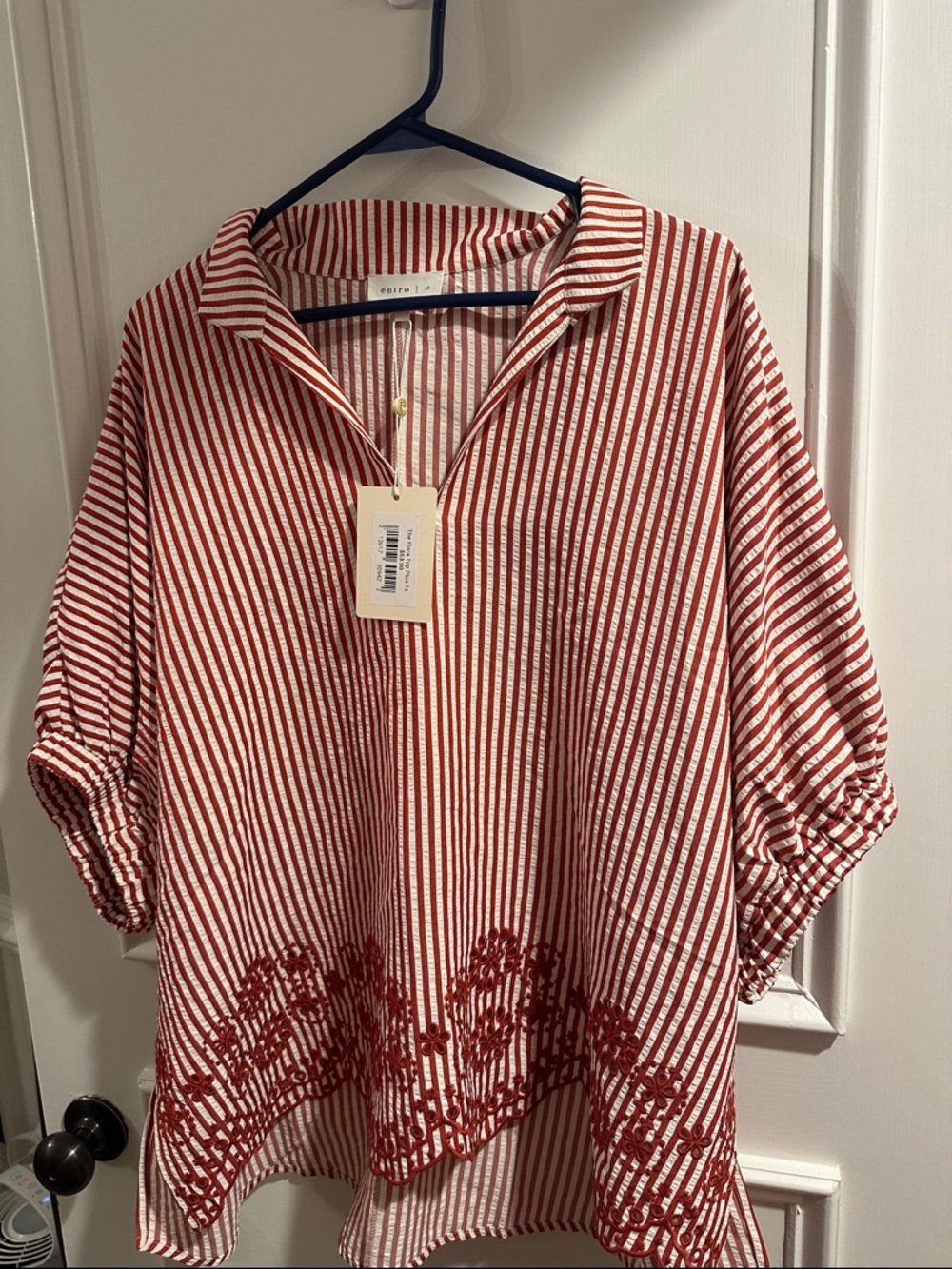 entro Red and White Striped Embroidered Tunic Blouse